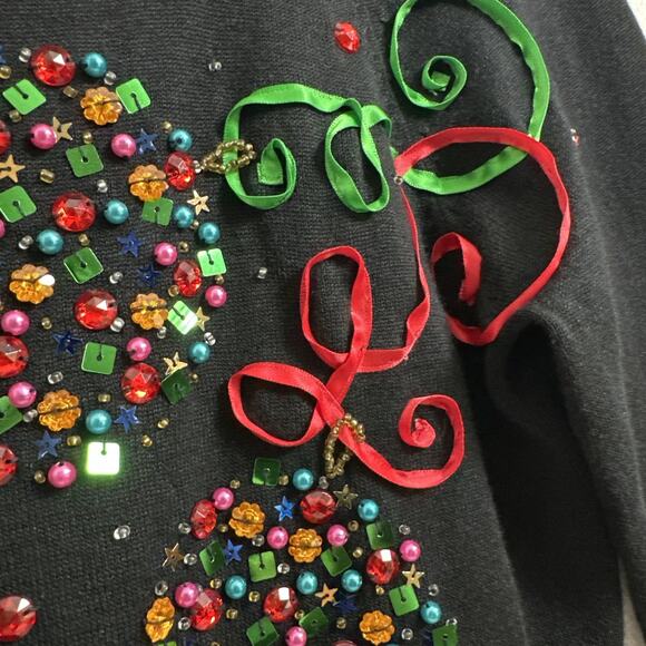 Vtg Christmas Sweater Ornaments Beaded Sequins Ribbon Black White S/M Holiday - Picture 7 of 14
